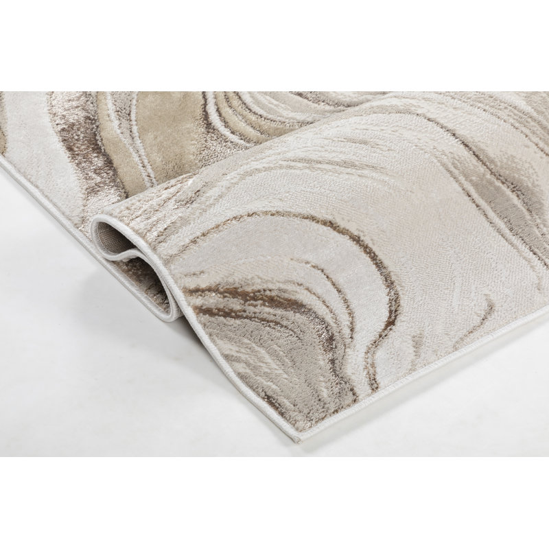 Tapis ivoire / doré à motif abstrait en marbre Luxe Collection, 7 pi 8 po x 10 pi