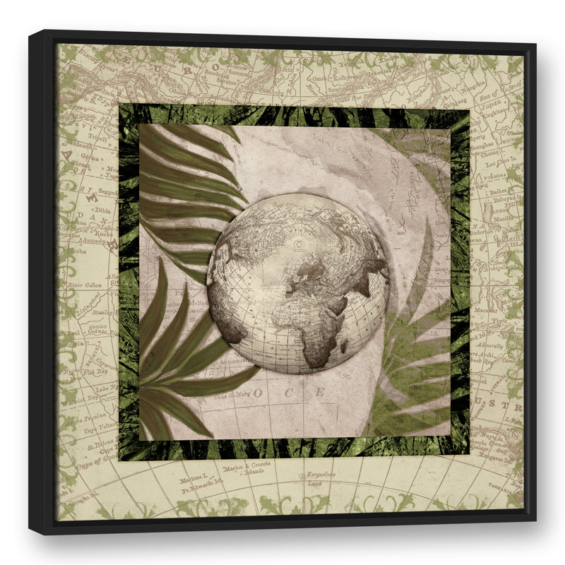 Globe sur palmiers sur toile, H 31,75 po x l 31,75 po x P 1,75 po, Cadre flottant noir