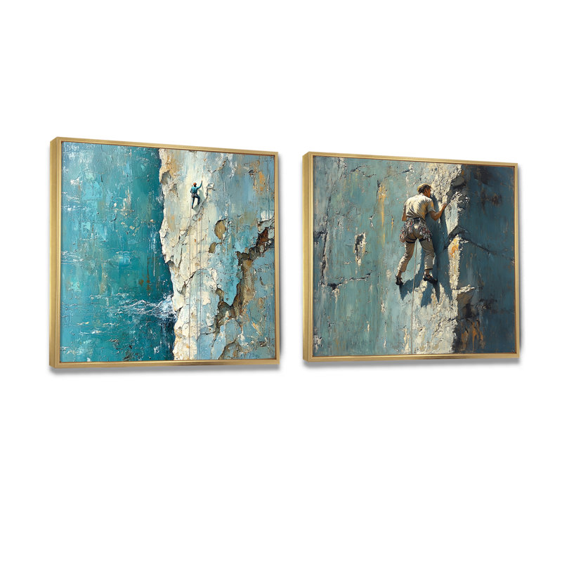 «Rocky Terrain Rock Climbing III - Motivation Climbing Man», art mural traditionnel sur toile 2 pièces, 30" H x 61" W, Doré