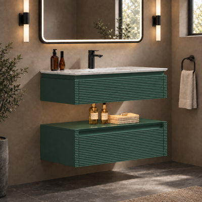 Meuble-lavabo mural simple Dwi 36 po avec comptoir en marbre reconstitué, armoire cannelée moderne, lavabo encastré en porcelaine, tiroirs à fermeture amortie et éclairage intégré