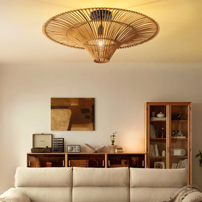 Boho Rattan Flush Mount Ceiling Light, Handwoven Bamboo Ceiling Lamp for Bedroom Living Room Entryway