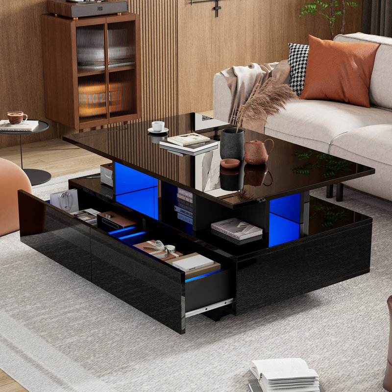 Table basse moderne de 35,4 pouces avec lumières DEL et beaucoup de rangement Valora, Noir