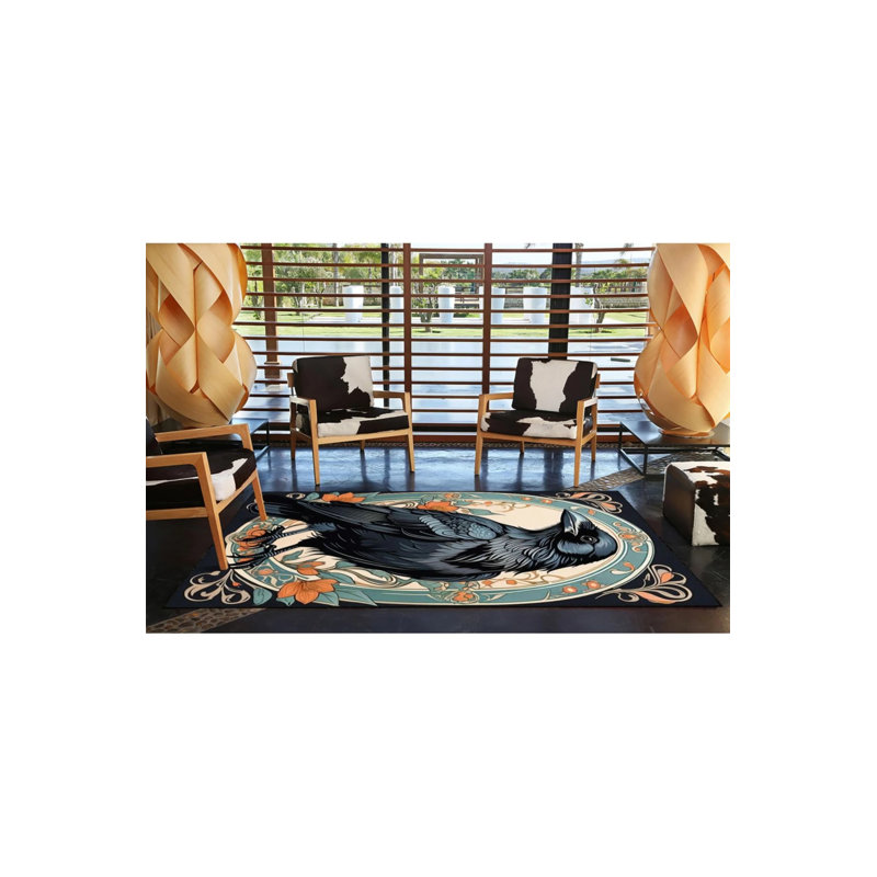 Crow Patterned Modern Decorative Washable Carpet, Rectangle 2'4" x 4'