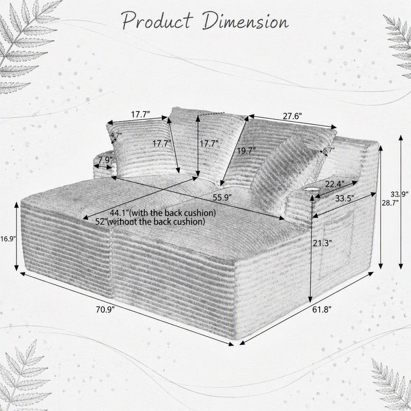 Méridienne double compressible avec porte-gobelets - aucun assemblage requis, causeuse moelleuse moderne pour lire dans la chambre à coucher