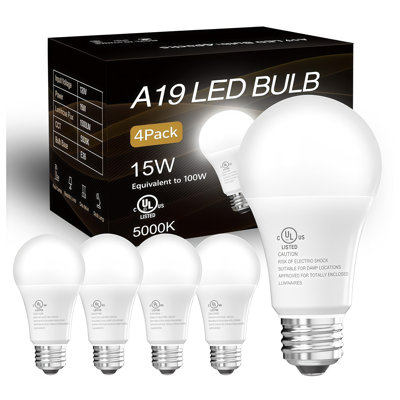 A19 Standard Shape LED Light Bulbs, 100W Equivalent Non-Dimmable Daylight 5000K Replacement Bulbs for Home Lighting (4 Pack)