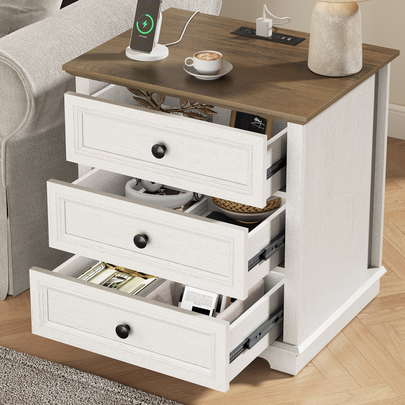 Beattie 3-Drawer End Tables with Storage and Built-in Outlets,Side Table, White/Walnut