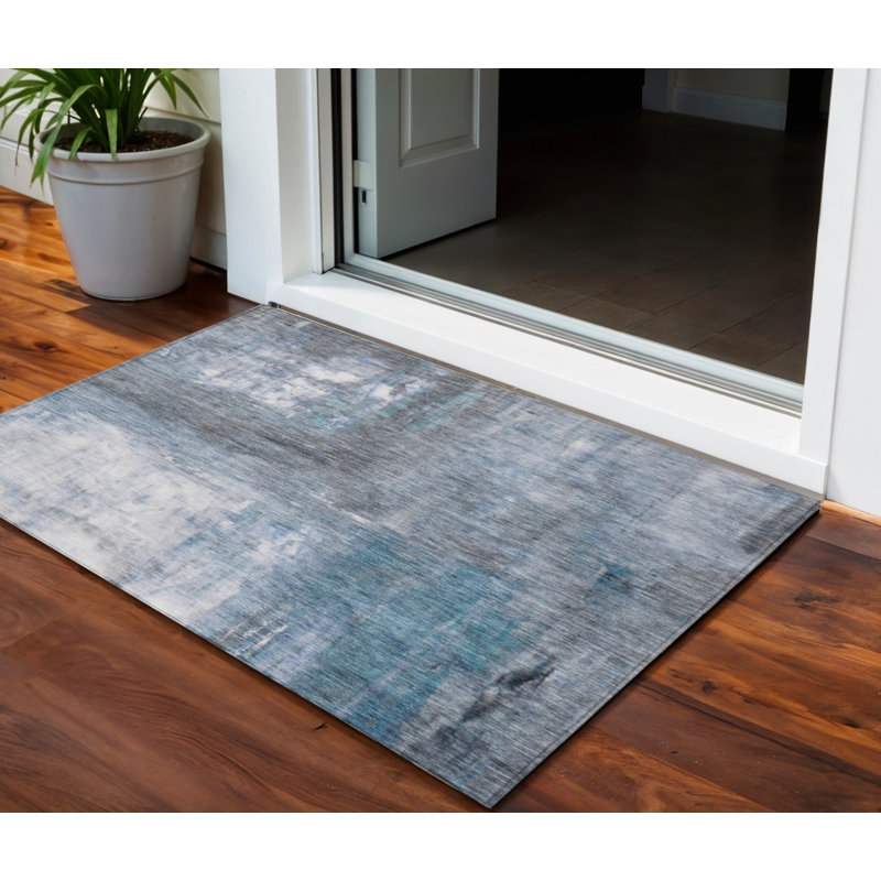 Tapis extérieur lavable abstrait bleu gris et ivoire 3 pi x 5 pi