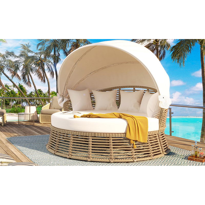 Round Outdoor Patio Daybed With Comfortable Cushions And Adjustable Canopy, Furniture For Backyard Porch, Beige, All - Weather , Can Be Divided Into 2 Chairs