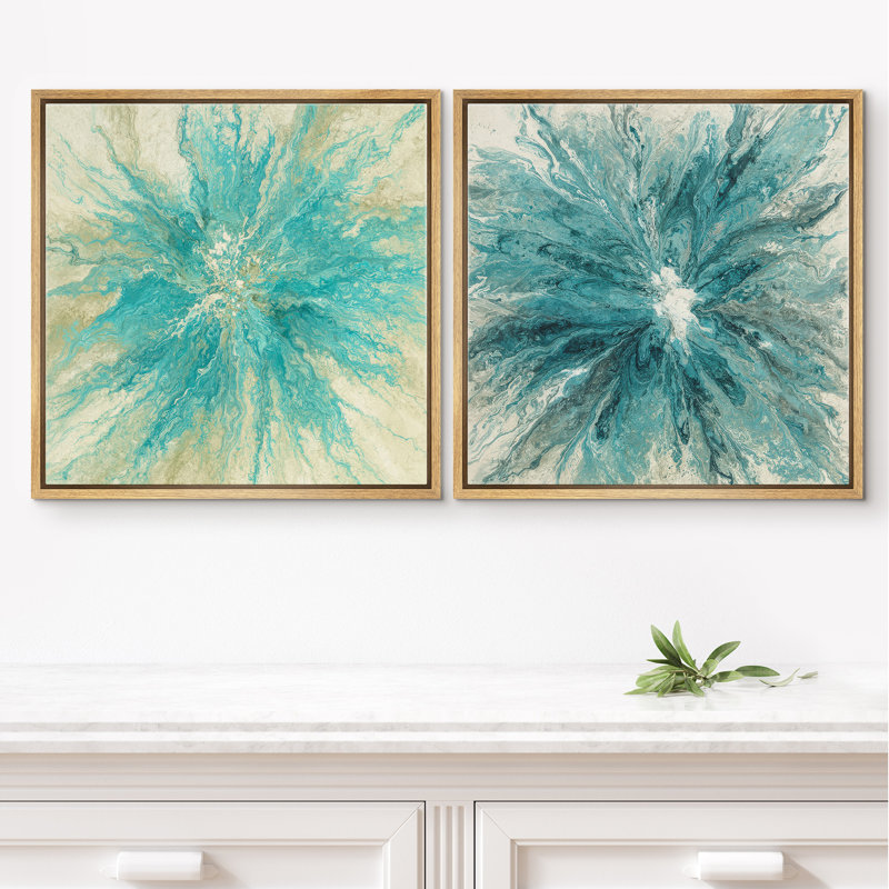 Aqua Blue Abstract Burst Contemporary Wall Decor Set Framed Master Bedroom Wall Art Work 2 Pieces Print, 24" H x 24" W
