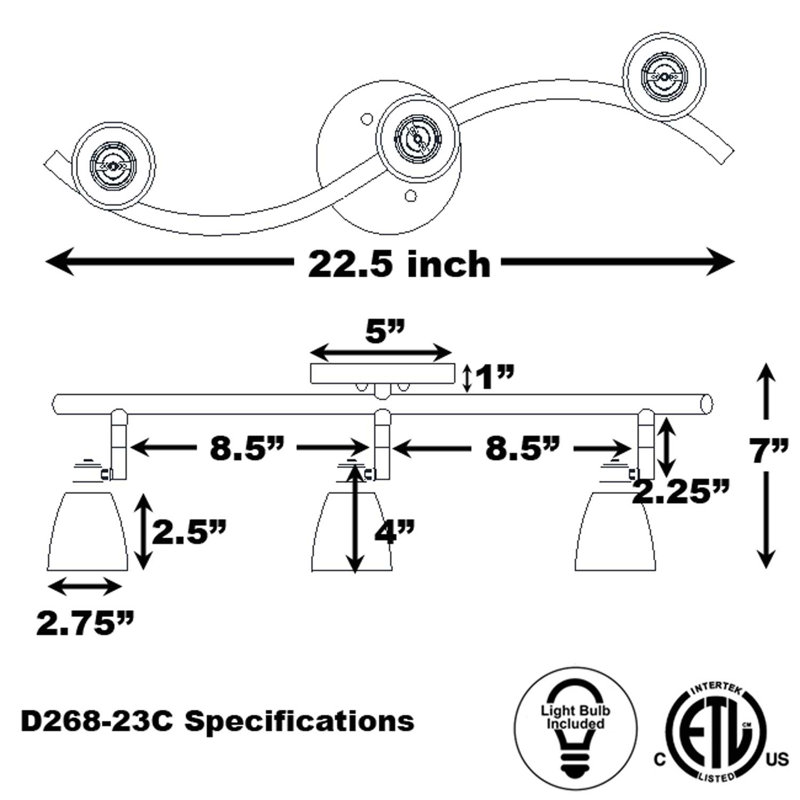 Ensemble de rail d'éclairage 3 lumières 22,5 po, Acier brossé, Blanc