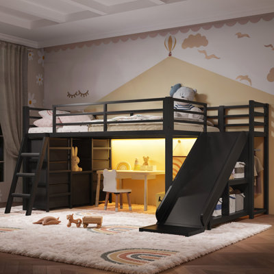 Lit mezzanine simple en métal avec glissière et échelle, lit mezzanine en métal avec tiroirs de rangement et base de lit en métal avec bande à DEL pour enfants et adolescents