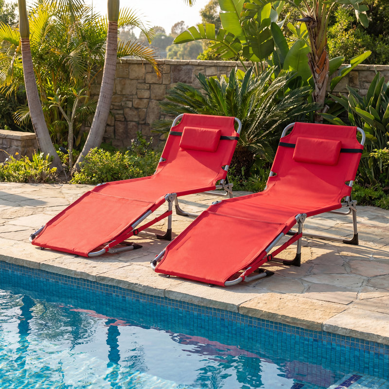  2pièces chaise de bronzage avec trous d'accoudoirs faciaux 4 niveaux dossier et coussin de tête poche latérale rouge, Rouge