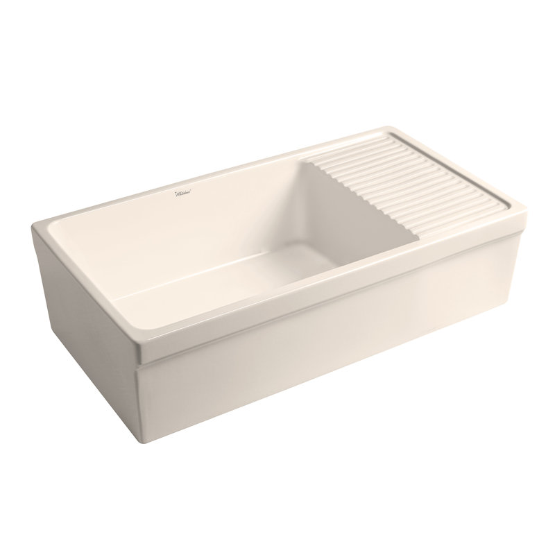 Fireclay Reversible Sink with Integral Drainboard and Decorative 2 ½" Lip on Both Sides, Glossy Biscuit