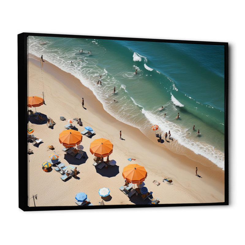 «Beach Umbrella Aérienne vue I», reproduction sur toile, Cadre flottant noir, H 34 po x l 44 po x P 1,5 po