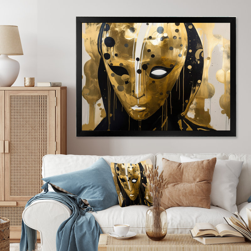 «Golden Mask Abstract Gold and Black», reproduction d'art sur toile, Cadre simple noir, H 24 po x l 32 po x P 1 po