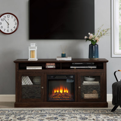 Contemporary TV Media Stand Modern Entertainment Console With 18" Fireplace Insert For TV Up To 65" With Open And Closed Storage Space, Brown, 60"W*15.75"D*29"H
