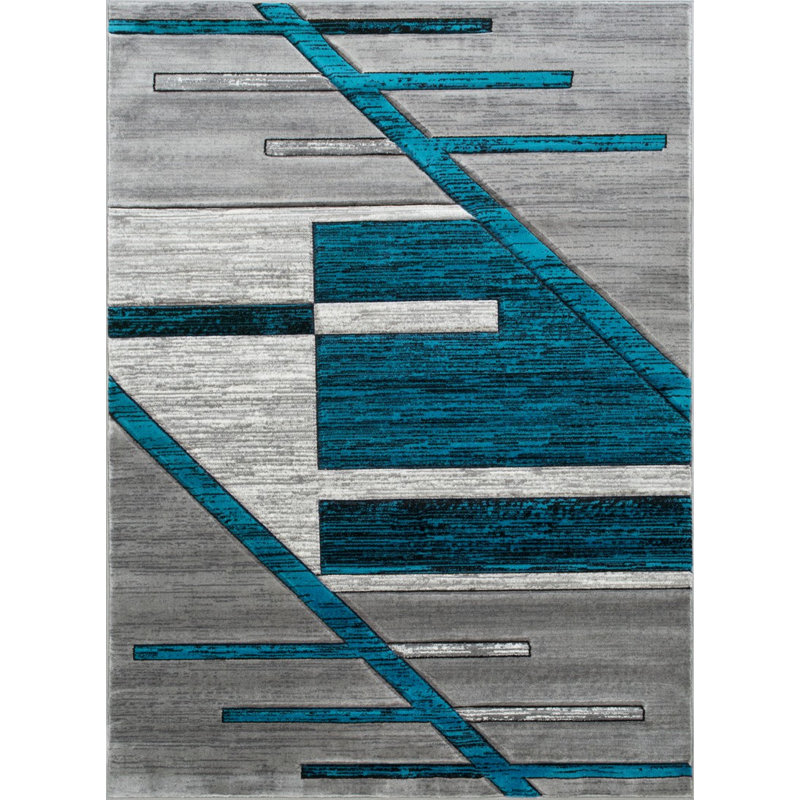 Tapis géométrique turquoise/gris Diva, Rectangle de 7 pi x 10 pi 5 po