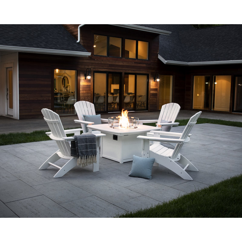 POLYWOOD Nautical Curveback Adirondack 5-Piece Conversation Set with Fire Pit Table, White