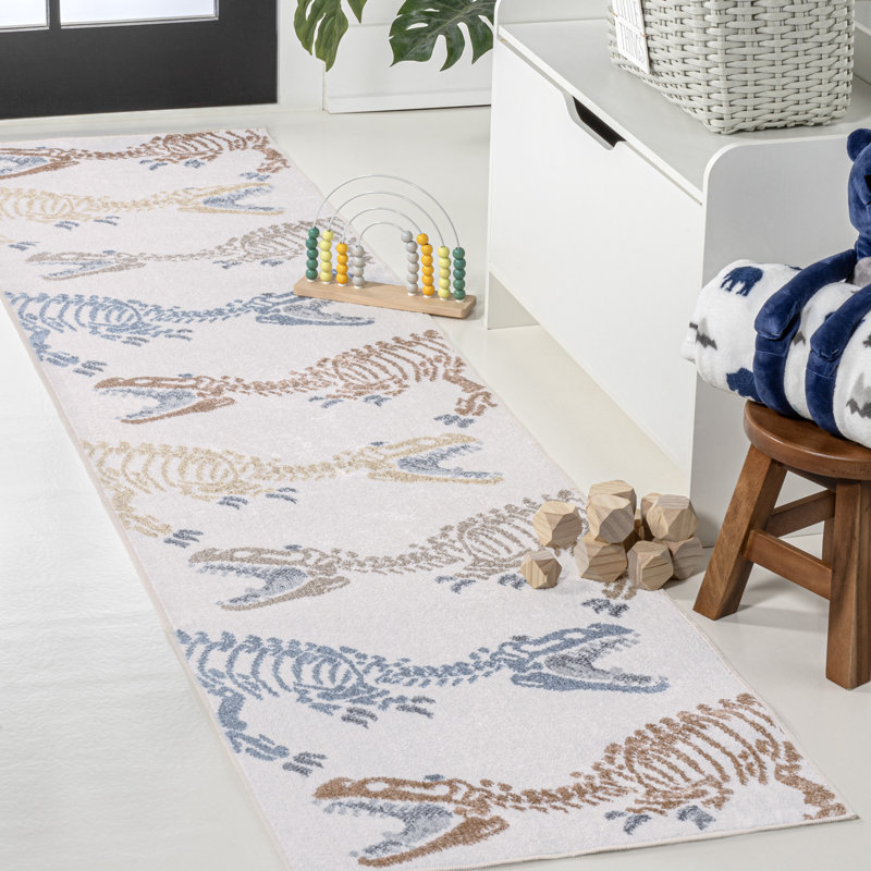 Kingdarr T-Rex Modern Kids Machine-Washable Cream/Multi Rug, Runner 2' x 7'10"