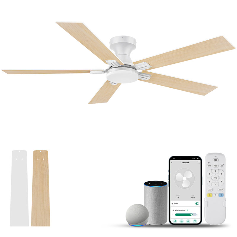 52 in.5 - Blade Smart Outdoor Indoor White Ceiling Fan with LED Lights, Remote, Voice Control via Alexa, Dimmable, 6 speeds