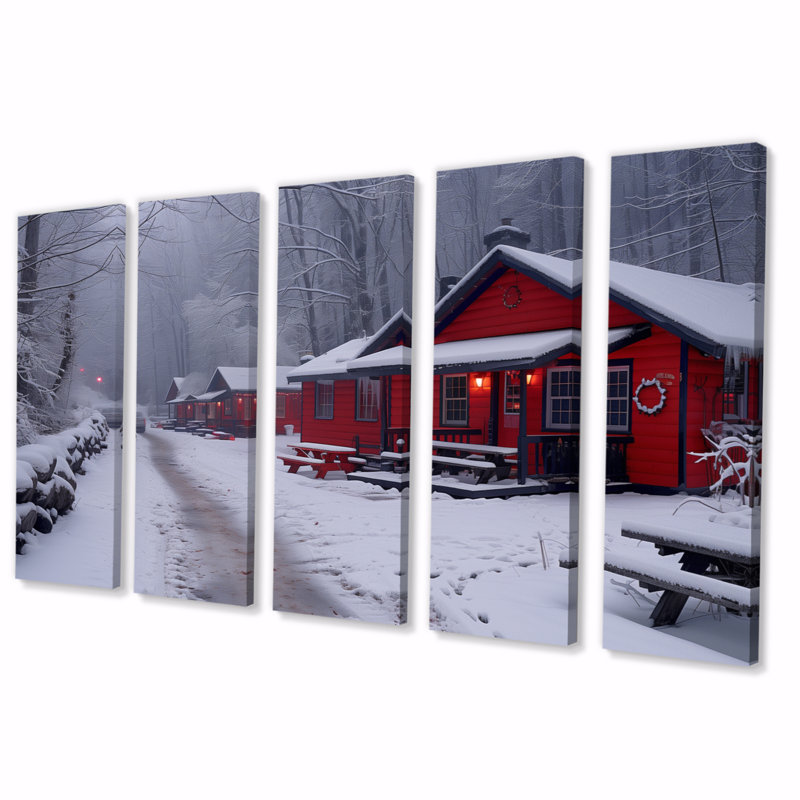 Rouge, blanc, hiver, hôtel, chalet douillet II - hôtels et loges, ensemble d'art mural, H 28 po x l 60 po