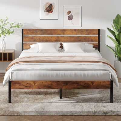 Single Double Size Platform Bed Frame with Rustic Vintage Wood Headboard, Mattress Foundation, Bed Frame with Strong Steel Slats Support, No Box Spring Needed, Easy Assembly