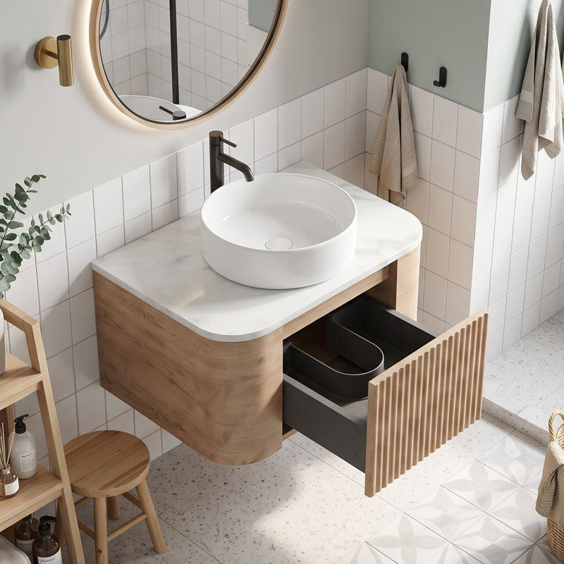Meuble-lavabo mural 24 po avec comptoir en marbre, Chêne