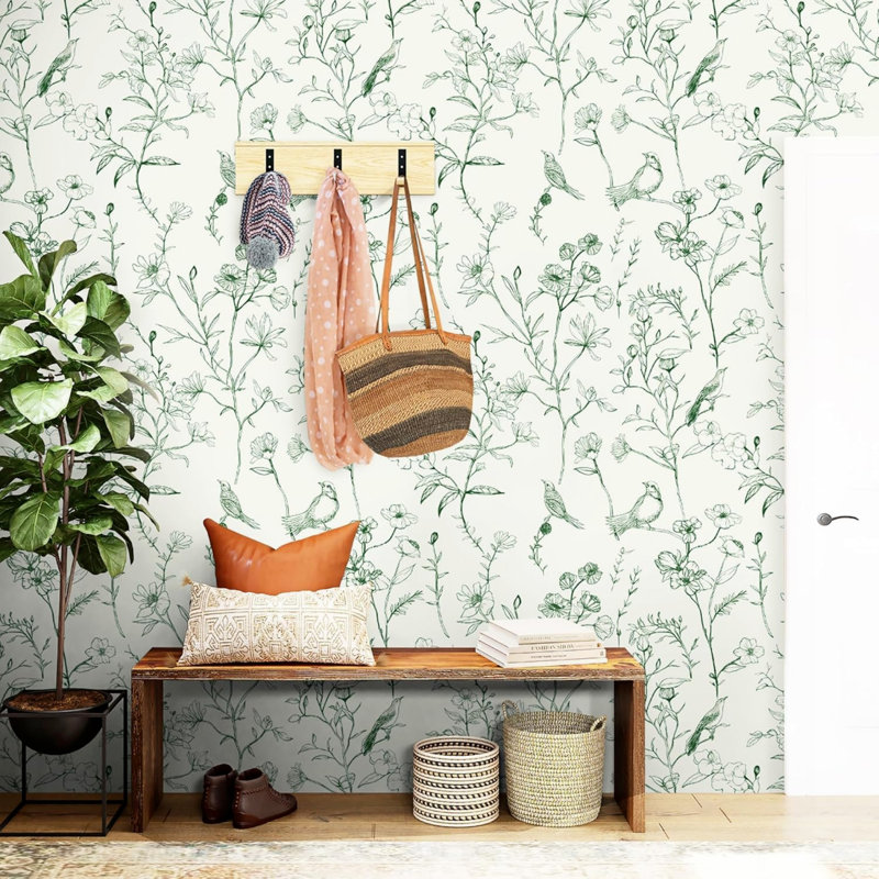 Self Adhesive Wallpaper, Floral Contact Paper, Beige Green Flower Bird Pattern, Waterproof Self Adhesive Vinyl Wallpaper, 44 CM x 10 M