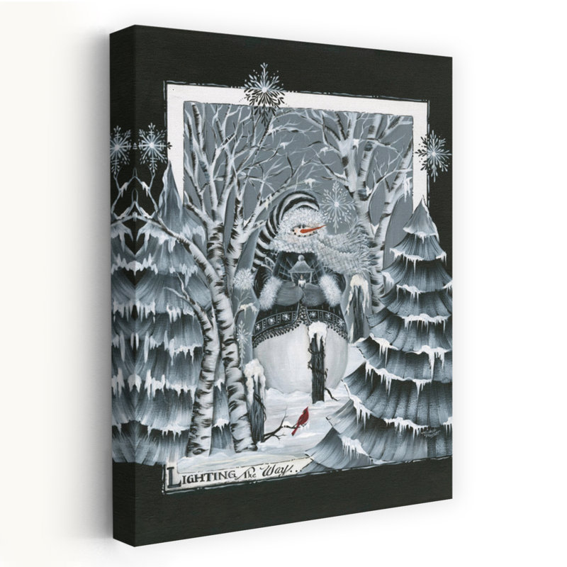 «Lighting The Way - Contemporary Snowman In Winter Forest Cardinal Bird, arbre enneigé, art, H 16 po x l 24 po