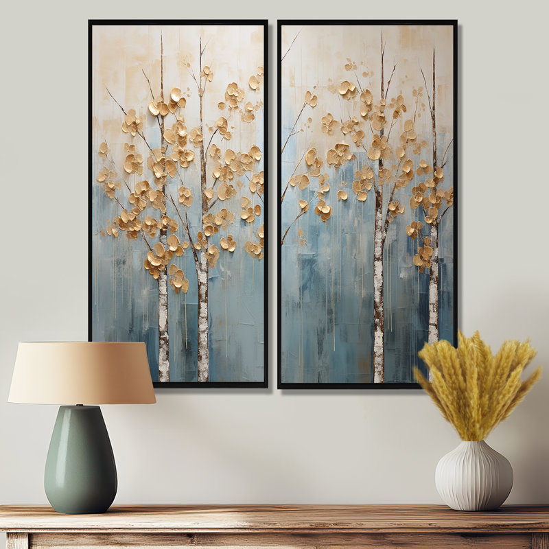 Minimalisme, arbres dorés et bleus, paysage II - art mural traditionnel, H 40 po x l 40 po, Noir