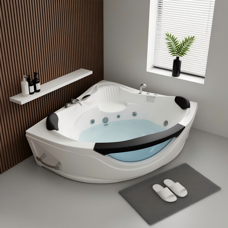 59" Corner Jetted Whirlpool Bathtub for 2 Person with LED Light for Bathroom
