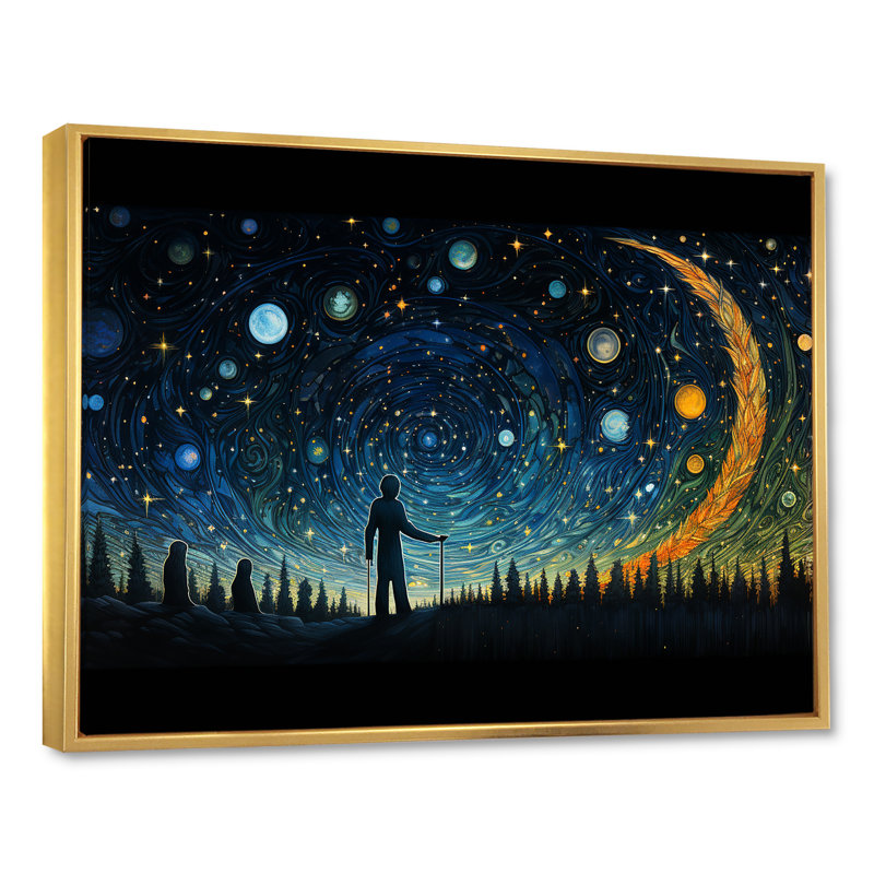 «Yellow and Blue Night Skies Planets», art mural de la planète espace, H 30 po x l 40 po x P 1,5 po, Cadre flottant doré