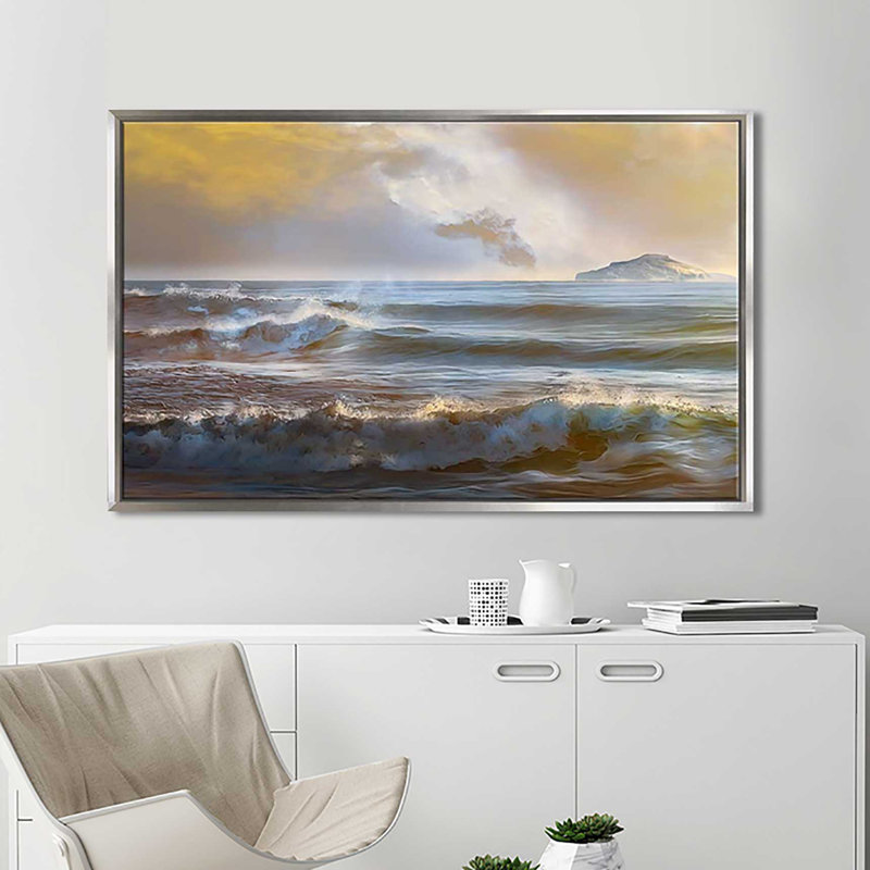 «Distant Island I», reproduction de peinture acrylique sur toile, H 21,5 po x l 33,5 po x P 2 po, Cadre flottant argent