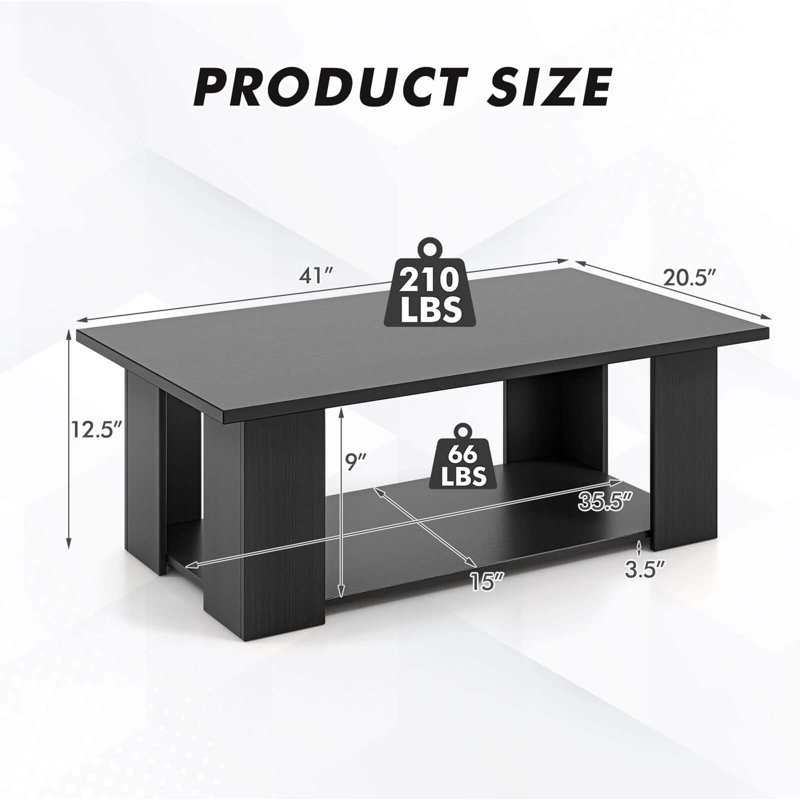 Table basse Table basse moderne à 2 niveaux avec tablette de rangement pour le salon, Noir, noir, noir, noir
