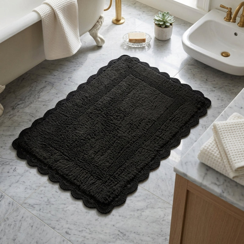 Crochet Cotton  Non-Slip Bath Rug, 30x20 Inches, Black