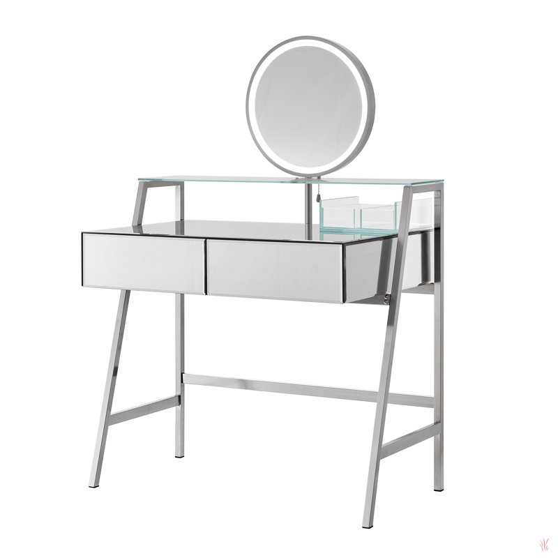 33.9" Mirrored Makeup Vanity Desk With Mirror And Lights, Mirrored Console Vanity Table With 2 Big Drawers & Open Shelf, Dressing Table With Charging Station For Bedroom, Silver
