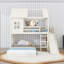 Lit superposé simple au dessus d'une maison double avec glissoire, échelle et tablettes intégrées-129595903