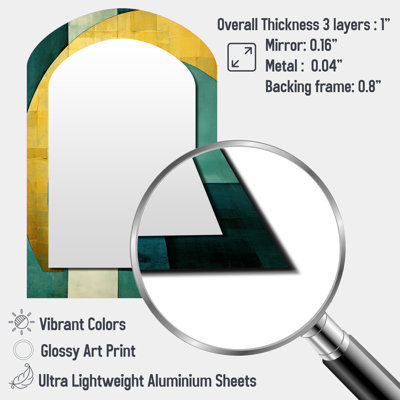 Emerald And Golden Arches I - Abstract Shapes Asymmetrical Unique Wall Mirror, Modern Arch Mirror, Printed Metal Art