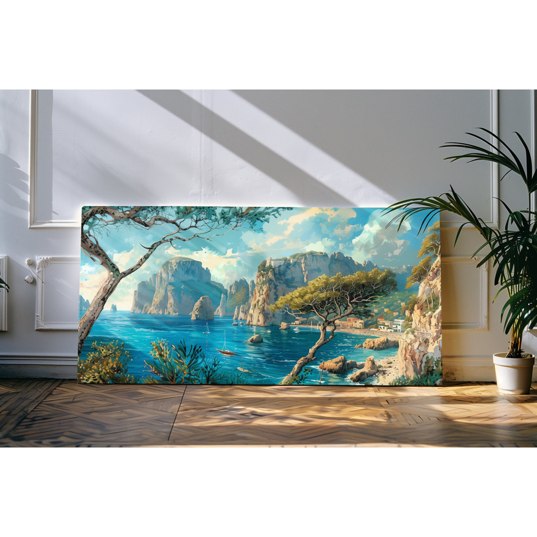 Leinwandbild gerahmt 120x60cm Italienische Küste Mittelmeer Kunstvoll Blau Natur