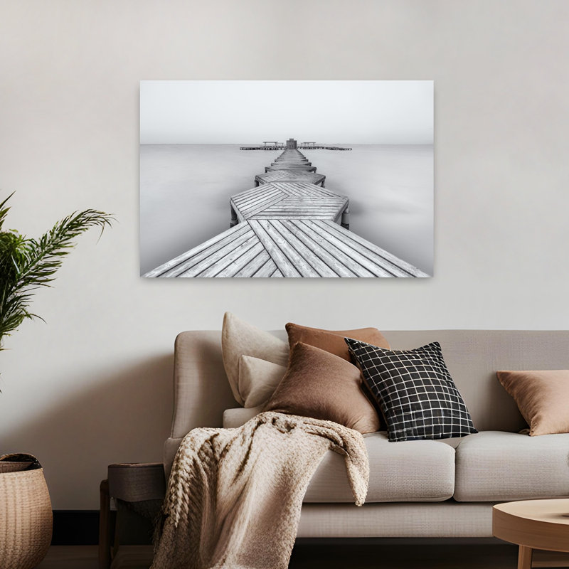 «Serene Wooden Pier», géométrique minimaliste, paysage pacifique, art mural océan, H 32 po x l 48 po