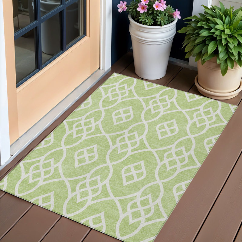 3' X 5' Artichoke Green And Ivory Trellis Washable Indoor Outdoor Area Rug