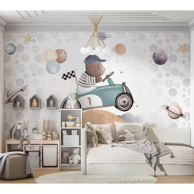 Adhésif mural pelez et collez pour enfants - Ours en peluche dans une voiture de course, L 135 po x L 100 po