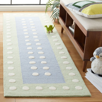 Tapis bleu / vert en laine / coton touffeté à la main à pois