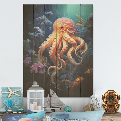 Popart Octupus Impression - Octopus/Squid Wood Art On Natural Pine Wood