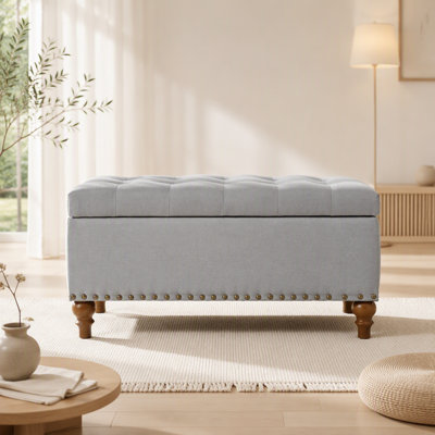 Ottoman storage bench, recessed support hinge top easy to open, rivet trim around, bedroom, entrance, living room, linen
