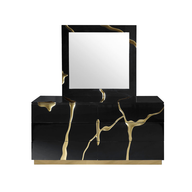 Ensemble de commode et miroir 6 tiroirs Milan, Noir