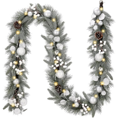 Guirlande de Noël pré-éclairée avec lumière pour manteau de cheminée, guirlande de Noël à piles avec boule pour porte d'entrée