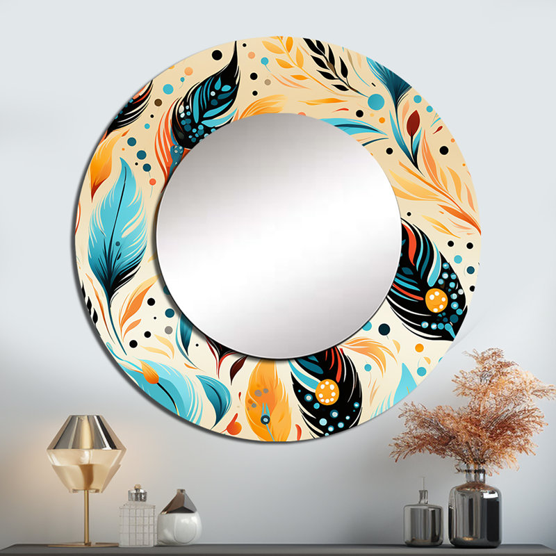 Romyna jaune et bleu éclectique plume bohème - miroir décoratif boho, grand miroir mural boho, impression d'art en métal