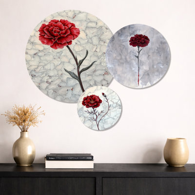«Radiant Dream of Carnation fleur» - ensemble d'art mural en métal 3 œillets rouges