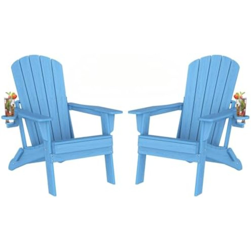 Folding Adirondack Chair, SGS Tested, Wooden Textured With Cup Holder, Heavy All-Weather HDPE Comfortable Set Poolside Backyard Lawn Green Set 2
